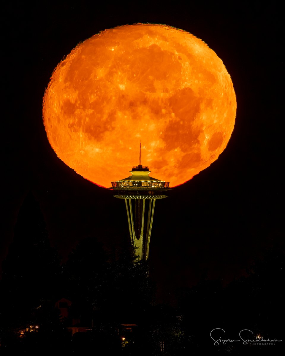 sigmas's tweet photo. Did someone say #SuperMoon? This morning's waxing 97.3% Gibbous moon setting behind #SpaceNeedle in #Seattle, as seen from about 7.8 miles away. Yes, it is a single shot, not a composite. https://t.co/yUGywkjPrJ
