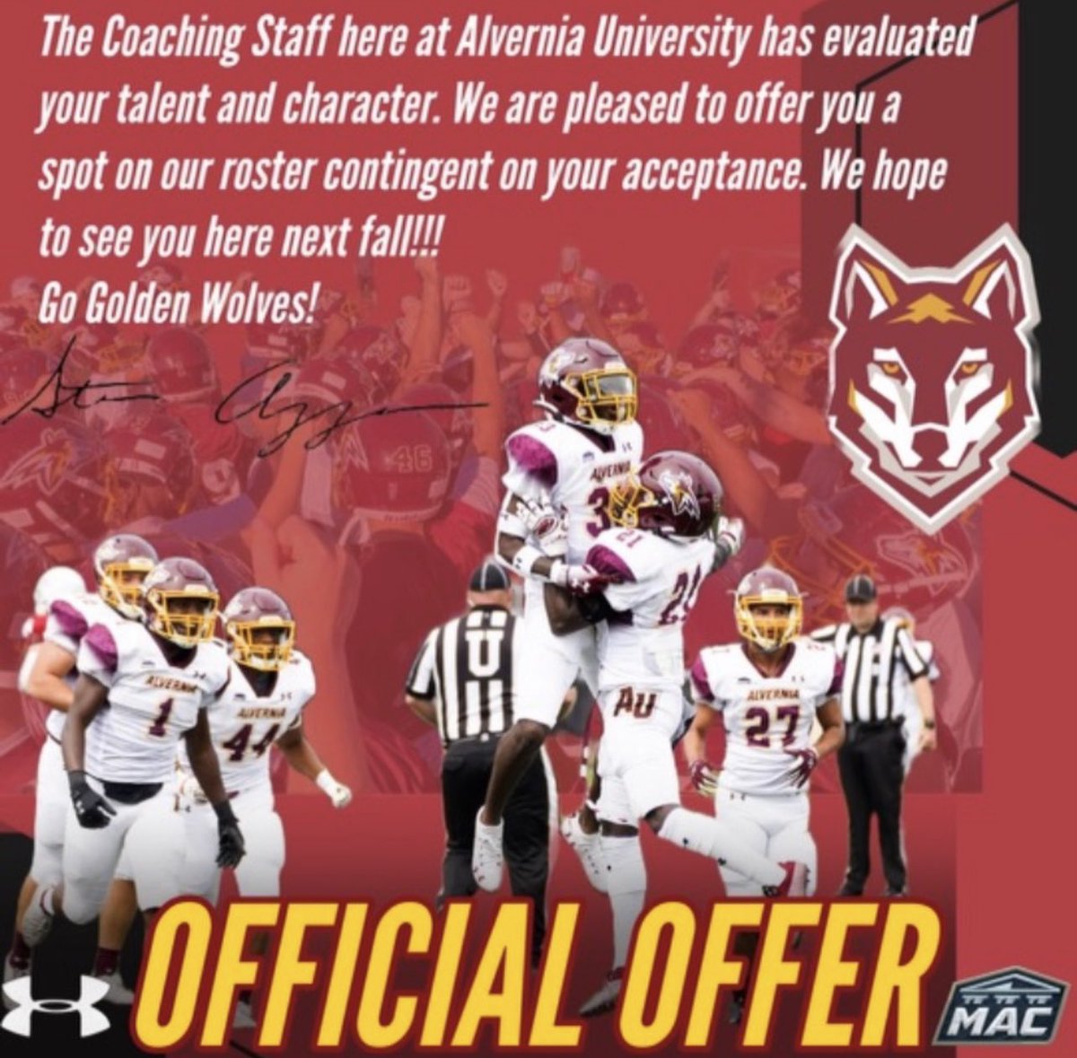 After a great visit to <a href="/AlverniaU/">Alvernia University</a> I am proud to announce my first official offer from Alvernia University! <a href="/CoachLeGrant/">Kiem LeGrant</a> <a href="/CoachAzz/">Steve Azzanesi</a> <a href="/CoachAGuerrero/">Angel Guerrero</a> <a href="/mildawg37/">Bill Miller</a> <a href="/BowmanGreg/">Greg Bowman</a>
