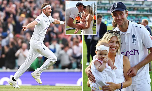 Mollie King kisses fiancé Stuart Broad and proudly supports him with their baby daughter Annabella as he finishes legendary career with 2-2 Ashes series draw at The Oval trib.al/ZATncwZ