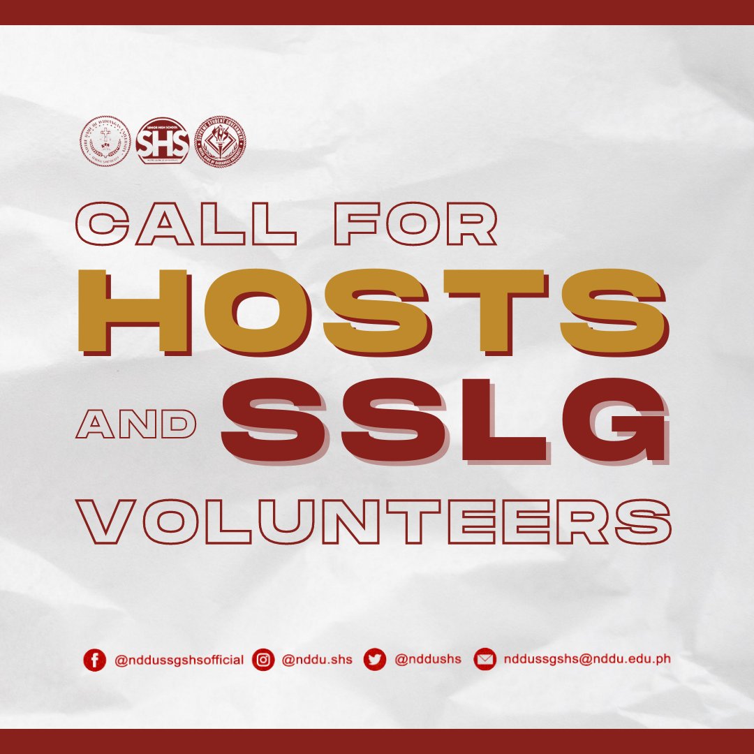 nddushs's tweet photo. 𝐂𝐚𝐥𝐥𝐢𝐧𝐠 𝐚𝐥𝐥 𝐚𝐬𝐩𝐢𝐫𝐢𝐧𝐠 𝐇𝐎𝐒𝐓𝐒 𝐚𝐧𝐝 𝐦𝐨𝐭𝐢𝐯𝐚𝐭𝐞𝐝 𝐕𝐎𝐋𝐔𝐍𝐓𝐄𝐄𝐑𝐒!

Unleash your hosting skills and flourish your charisma! The SHS Supreme Secondary Learner Government (SSLG) opens the 𝐇𝐨𝐬𝐭𝐢𝐧𝐠 𝐀𝐩𝐩𝐥𝐢𝐜𝐚𝐭𝐢𝐨𝐧 on 𝐀𝐮𝐠𝐮𝐬𝐭 𝟏. https://t.co/nhFMaqLm1i