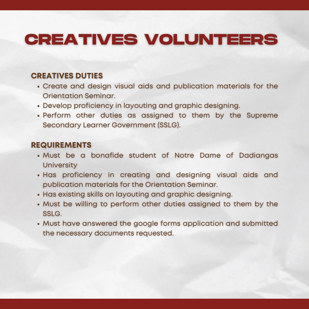 nddushs's tweet photo. To all Grade 12 students stay tuned for the screening on August 5 at 1:00 pm. Ready to make waves through your skills? The SSLG also invites you to apply for the 𝐒𝐒𝐋𝐆 𝐕𝐨𝐥𝐮𝐧𝐭𝐞𝐞𝐫 positions for content (writing), creatives (designing), and technical on 𝐀𝐮𝐠𝐮𝐬𝐭 𝟏. https://t.co/h7vSuRatYx