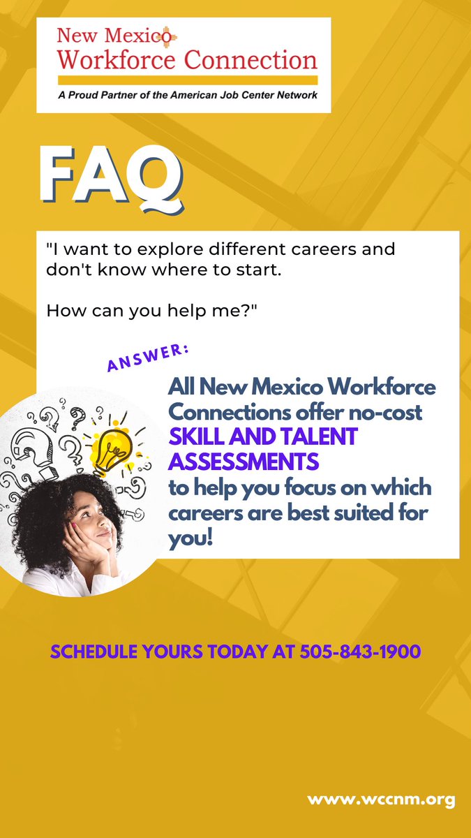 NMWorkforce's tweet image. Have you taken a career Skills or Talent Assessment lately? #nmworkforceconnection #jobskills #CareerGoals wccnm.org
