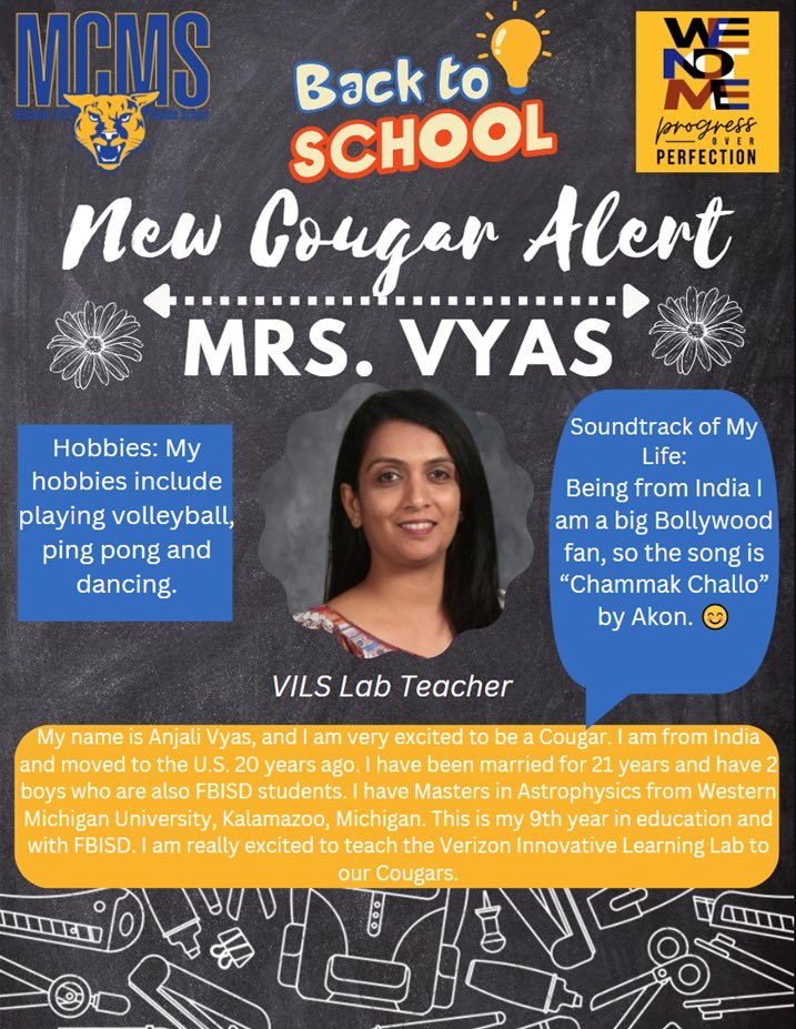 Let’s roll out the BLUE 💙 and GOLD 💛 carpet and welcome our newest MCMS Cougar, Mrs. Vyas, to the family! 🎉