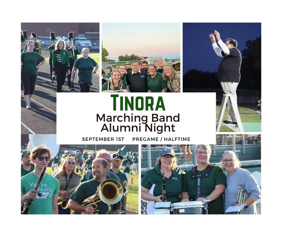 TinoraBands's tweet photo. Our next Tinora Marching Band Alumni Night will be SEPTEMBER 1st. We will be playing with the high school band during pregame and halftime. More information will be coming soon. SAVE THE DATE and help spread the word!! https://t.co/RcjY9O5N8r
