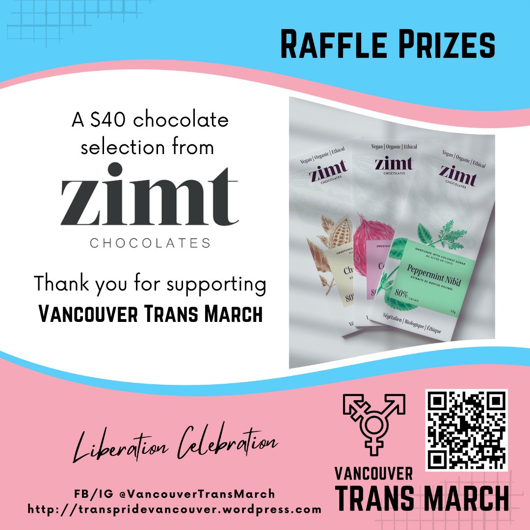 VanTransMarch's tweet photo. Another Raffle Prize!

Thank you @zimtchocolates for adding a $40 selection of their gourmet. vegan, certified fair-trade chocolates!

$1 Raffle tickets will be on sale at the event (cash only)

More info for the raffle and prizes on our website, see bio!

Happy pride!!🌈 https://t.co/wnLGdszgOW