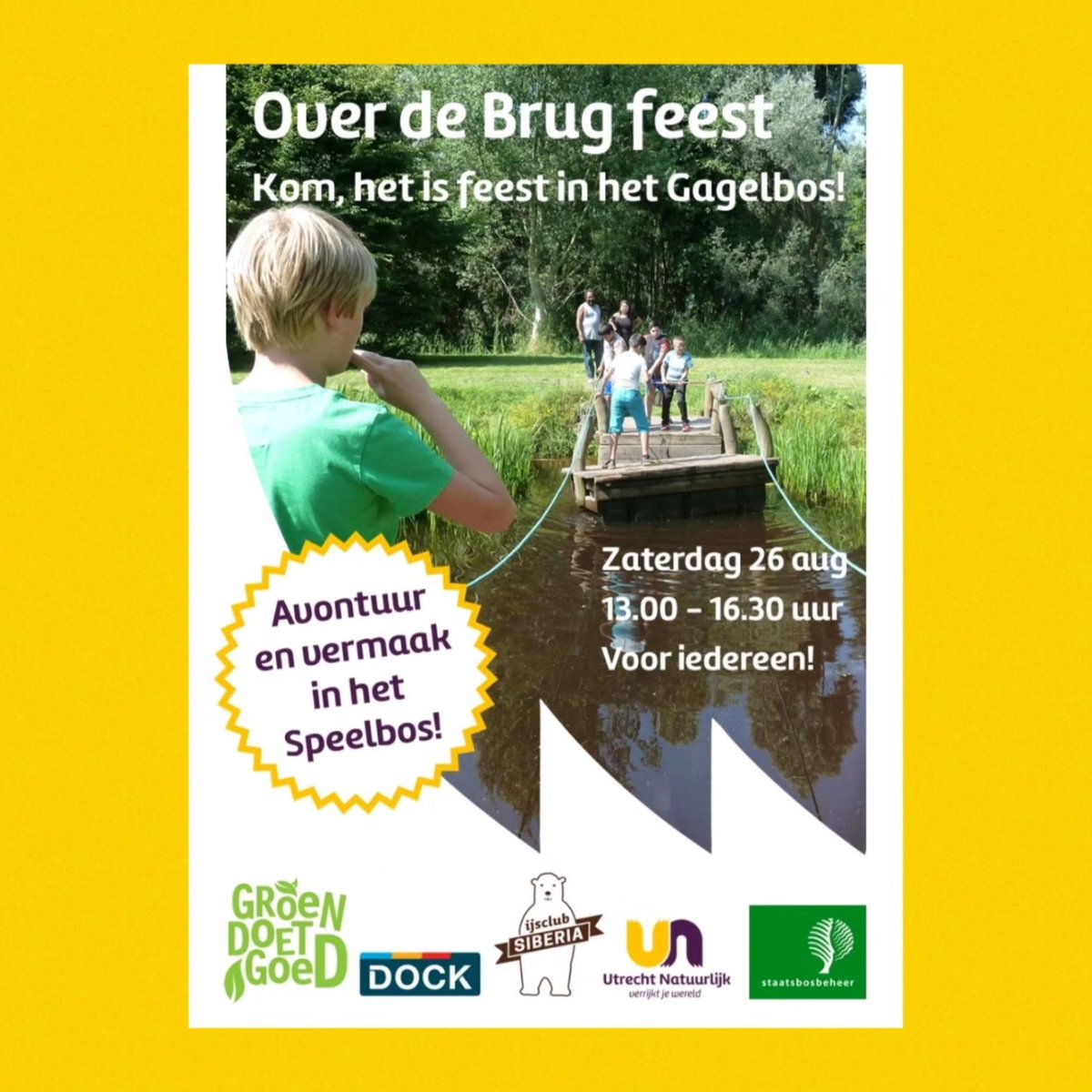 IJsclubSiberia's tweet photo. De laatste zaterdag van augustus is het weer feest in het #Gagelbos "OVER DE BRUG FEEST 26 augustus 2023". En jij bent uitgenodigd! Een middag vol avontuur in de natuur. De toegang is gratis! #Overdebrugfeest
 #Overvecht
#ijsclubsiberia
#utrechtnatuurlijk https://t.co/MaSbnomE5k https://t.co/OGtnCXZwo1