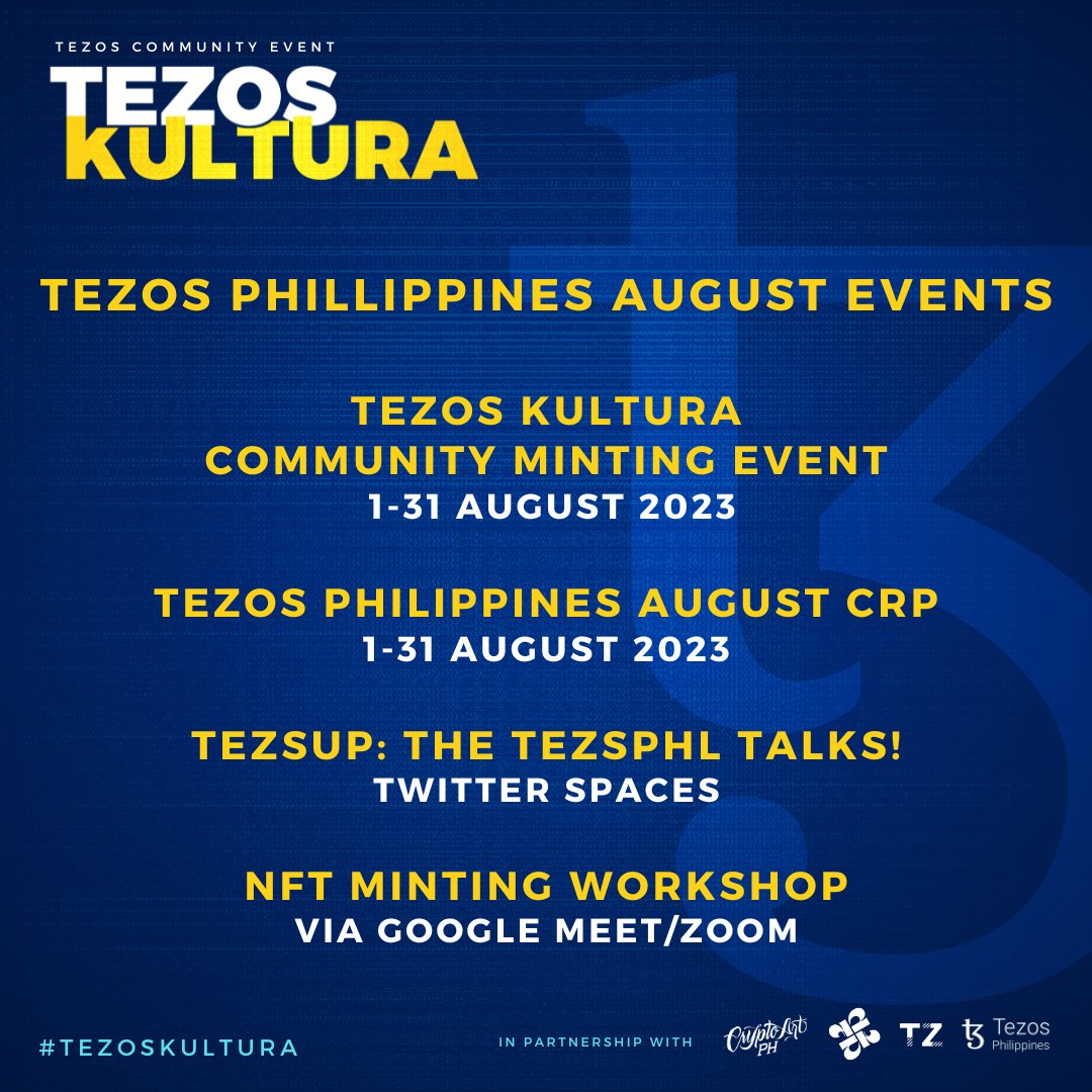 🥳 TEZsup! Tezsup!
🎉 August is here!
🥳 Inviting everyone to join our exciting events lined up!
🥳 #TezosKultura is now live! 🚀
🎉 <a href="/TezosPHL/">Tezos Philippines</a>  August CRP - Mechanics will be released today!
... and many more!
🎉 Stay tuned! 📻
#Tezos