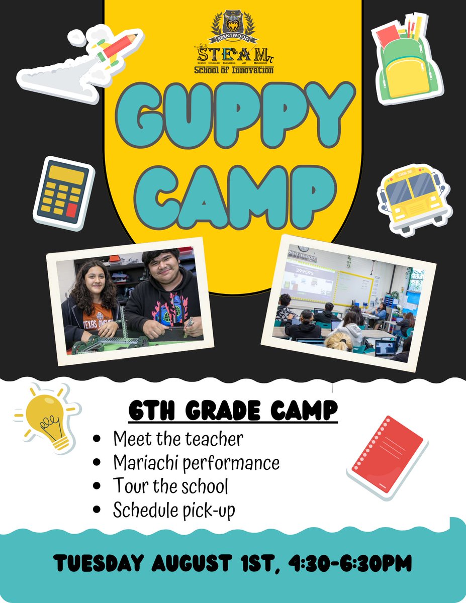 Brentwood STEAM School of Innovation (@brentwood_steam) on Twitter photo Reminder for our <a href="/Brentwood_STEAM/">Brentwood STEAM School of Innovation</a>
rising 6th graders. See you tomorrow @ our Guppy Camp. Reminder for our <a href="/Brentwood_STEAM/">Brentwood STEAM School of Innovation</a>
rising 6th graders. See you tomorrow @ our Guppy Camp.