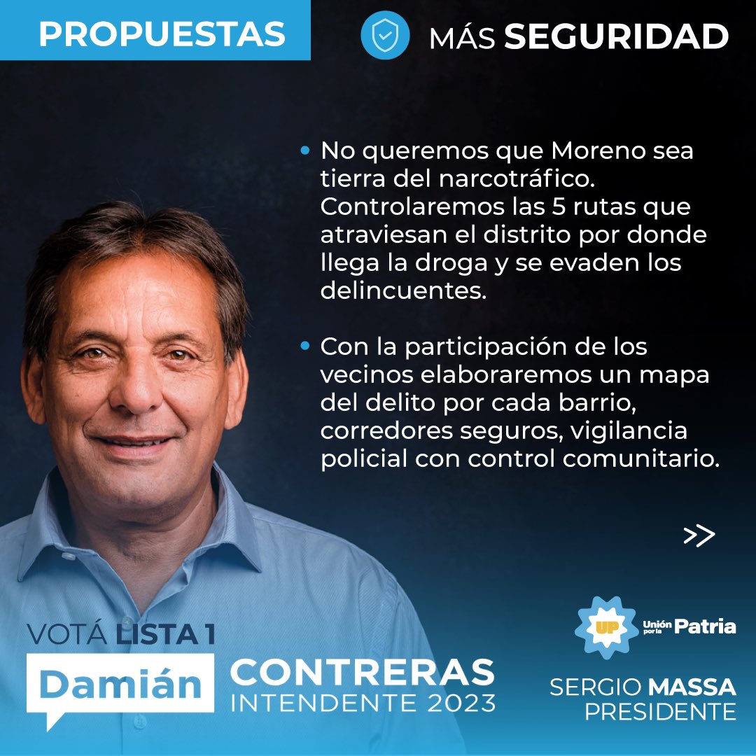 DamiContrerasOk's tweet photo. Se terminó el tiempo de echarle la culpa al otro: nosotros nos vamos a hacer cargo de la seguridad de Moreno. Este 13 de agosto, EN MORENO PODEMOS HACER MÁS 💪🇦🇷. https://t.co/32n5LoWQgM