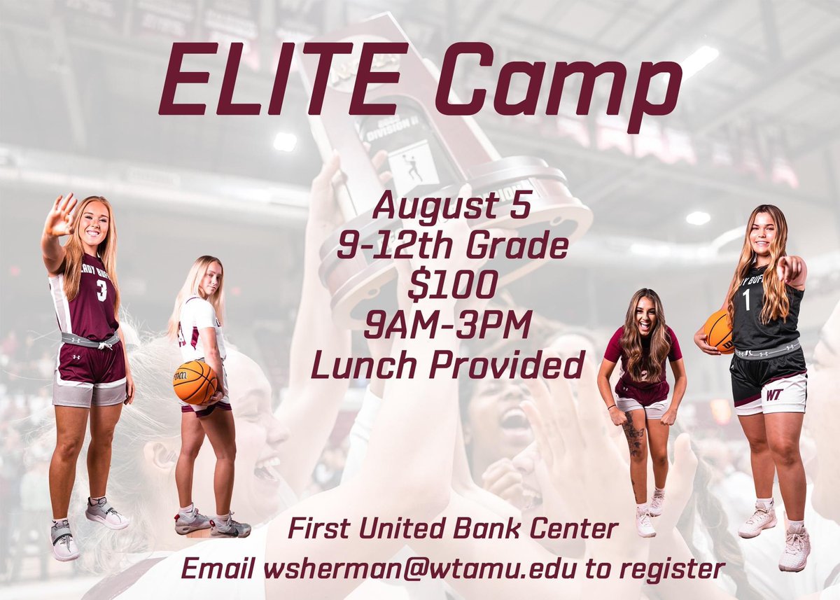 WTAMU_WBB's tweet photo. Elite Camp is this week!!!

You can sign up by emailing wsherman@wtamu.edu

#BuffNation | #EliteCamp https://t.co/2v5F54D9o2