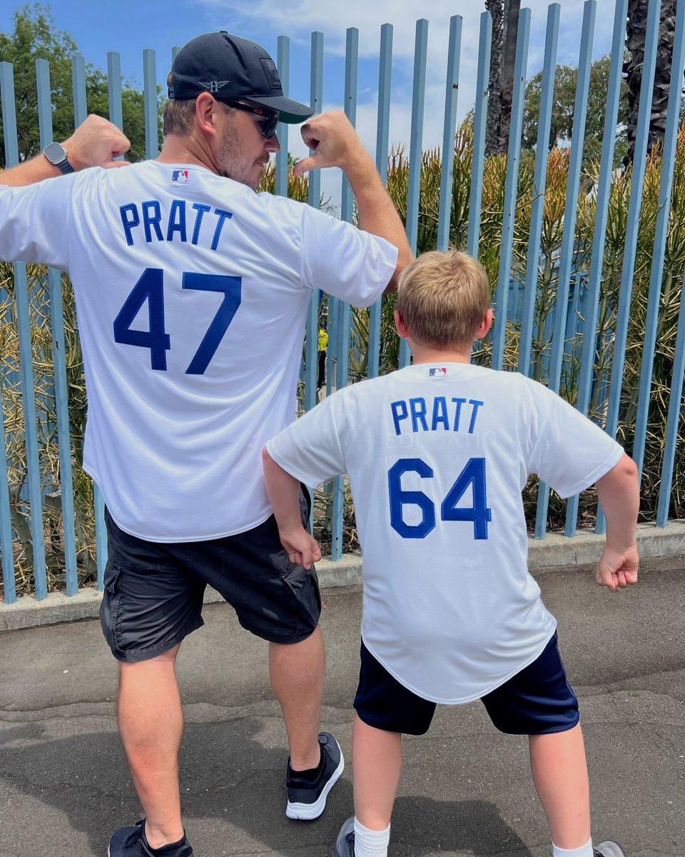 prattprattpratt's tweet photo. What a day! Jack and I got to hit the mound together, eat our bodyweight in Dodger Dogs and delivered the game opening announcement! Thank you @ClaytonKersh22 for asking me to throw yesterday’s first pitch for faith and family day, what an honor! ⚾️  Let’s go @Dodgers! https://t.co/WtfQ0qWgn9