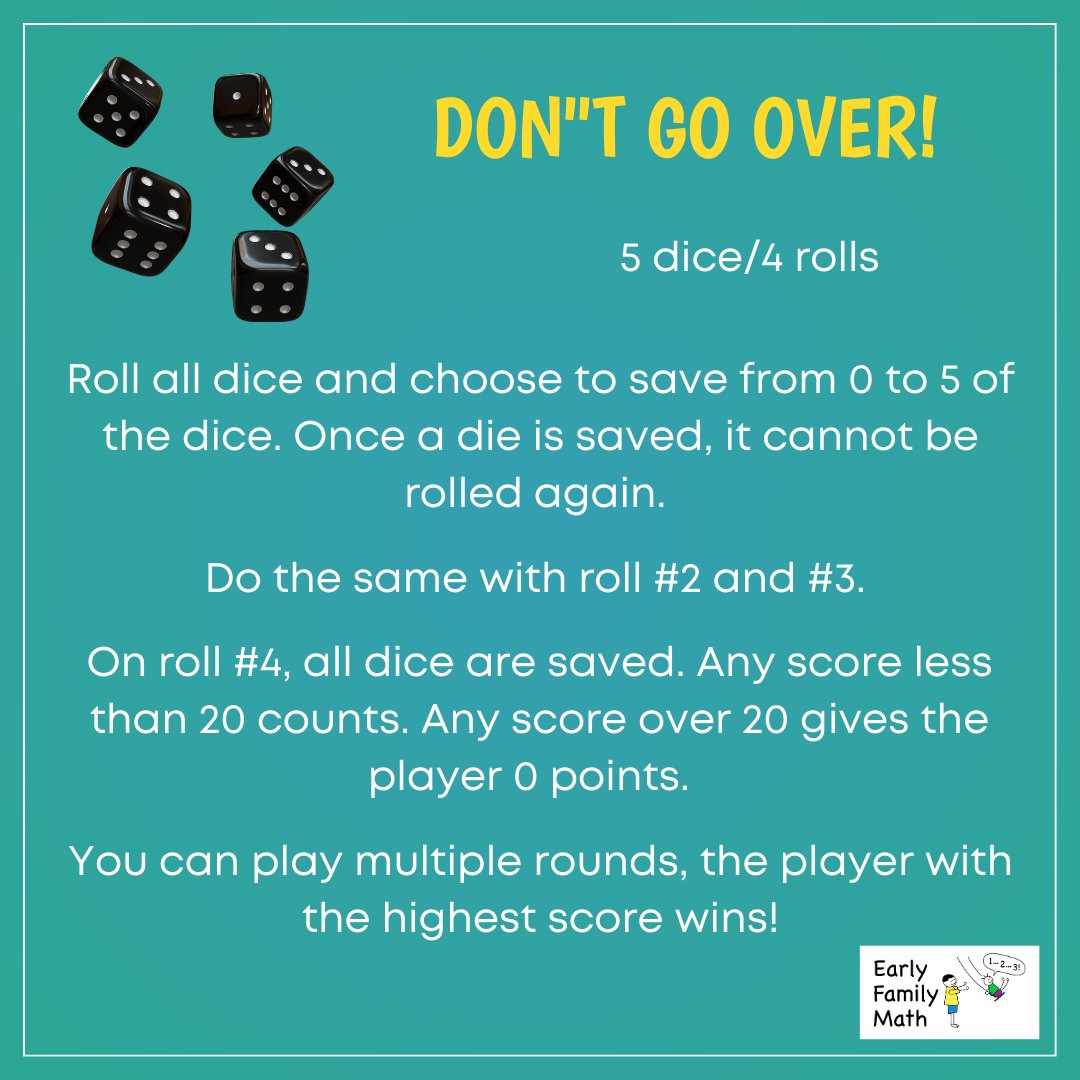 EarlyFamilyMath's tweet image. This game has a nice mix of addition and strategy. Easy to adjust for younger or older players by changing the target number and number of dice.
#earlymath #tmwyk  #earlychildhoodeducation #learning #mathgames #mathstrategy #mathematics  #children #math  #homeschooling