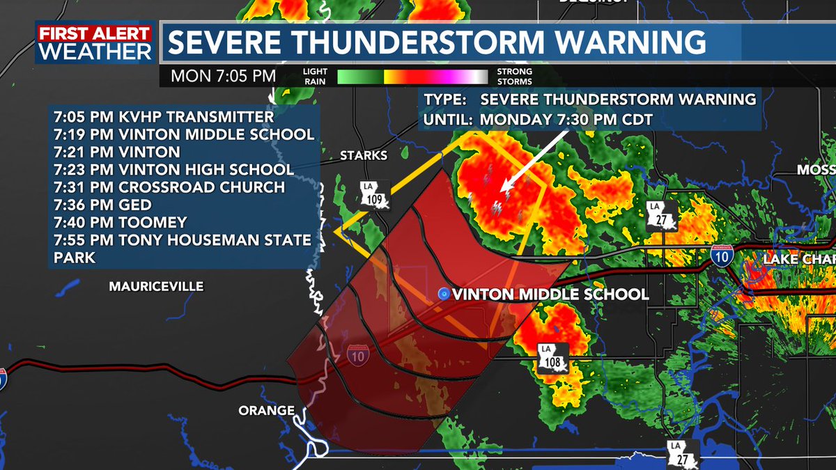 A Severe Thunderstorm Warning is in effect for Calcasieu Parish until 7:30 Pm.  A thunderstorm near Edgerly is capable of producing 60 mph winds and small hail.    As always you can find the latest radar using our app: kplctv.com/apps