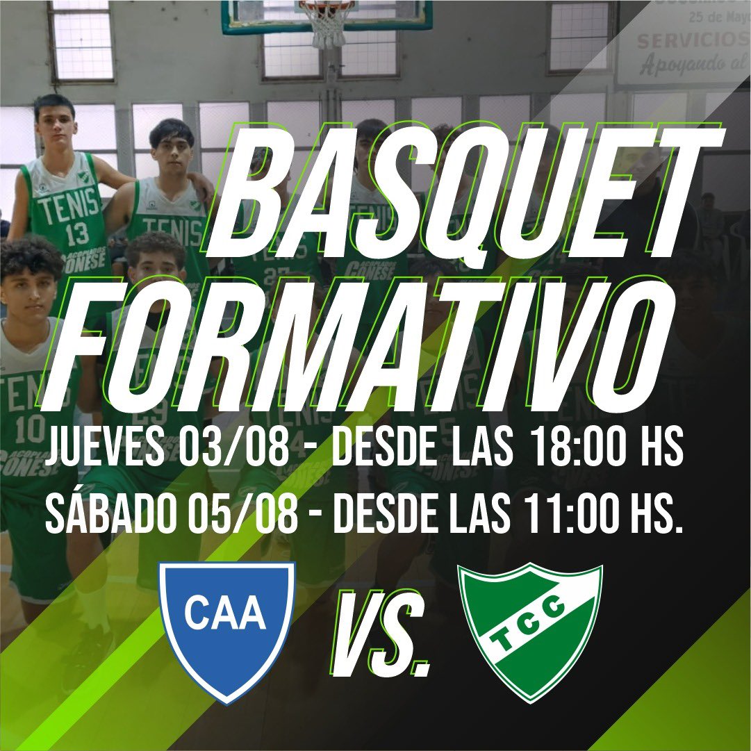 🏀Se viene Jornada doble para las categorías formativas de Basquet 🏀 
✔️Visitaremos a Almafuerte el Jueves 3/8
👉🏻18:00hs U14
👉🏻19:30hs U16
✔️Y el próximo Sábado 5/8
👉🏻11:00hs Premini
👉🏻12:00hs Mini
👉🏻13:30hs U18
👉🏻15:00hs U21

#tcc #basquet #basquetformativo #deporte