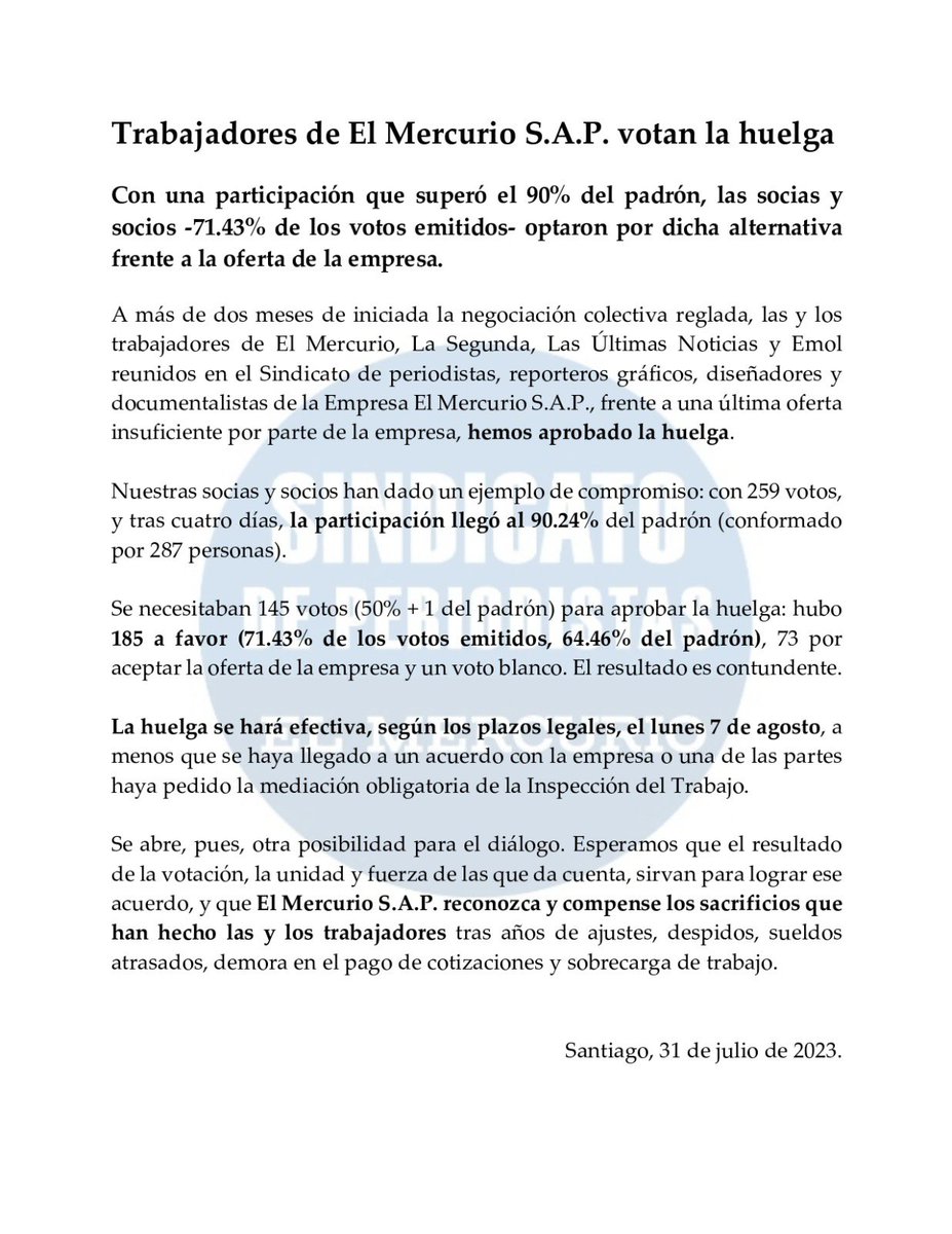 ⚡️ AHORA: Sindicato de @ElMercurio_cl S.A.P. vota huelga.