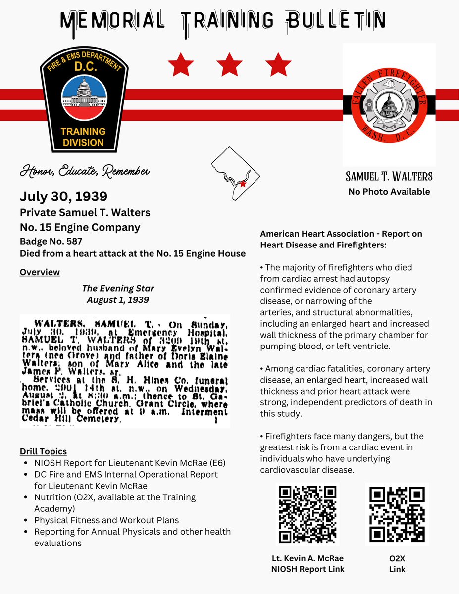 DCFDKelleher's tweet photo. DCFD Memorial Training Bulletin - Private Samuel T. Walters (No. 15 Engine Company, 07-30-1939) @dcfireems @NFFF_News #DCFD #DCFDHistory #LODD https://t.co/dyY2rhdAzB