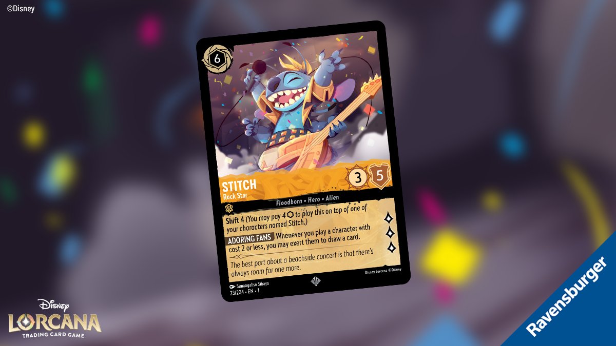 It was his first concert in Lorcana, and a Stitch glimmer was ready to rock! As the band joined in, the crowd of Illumineers erupted, and the little alien raised his fists in triumph. #Disney #Lorcana #TCG #TheFirstChapter #Stitch