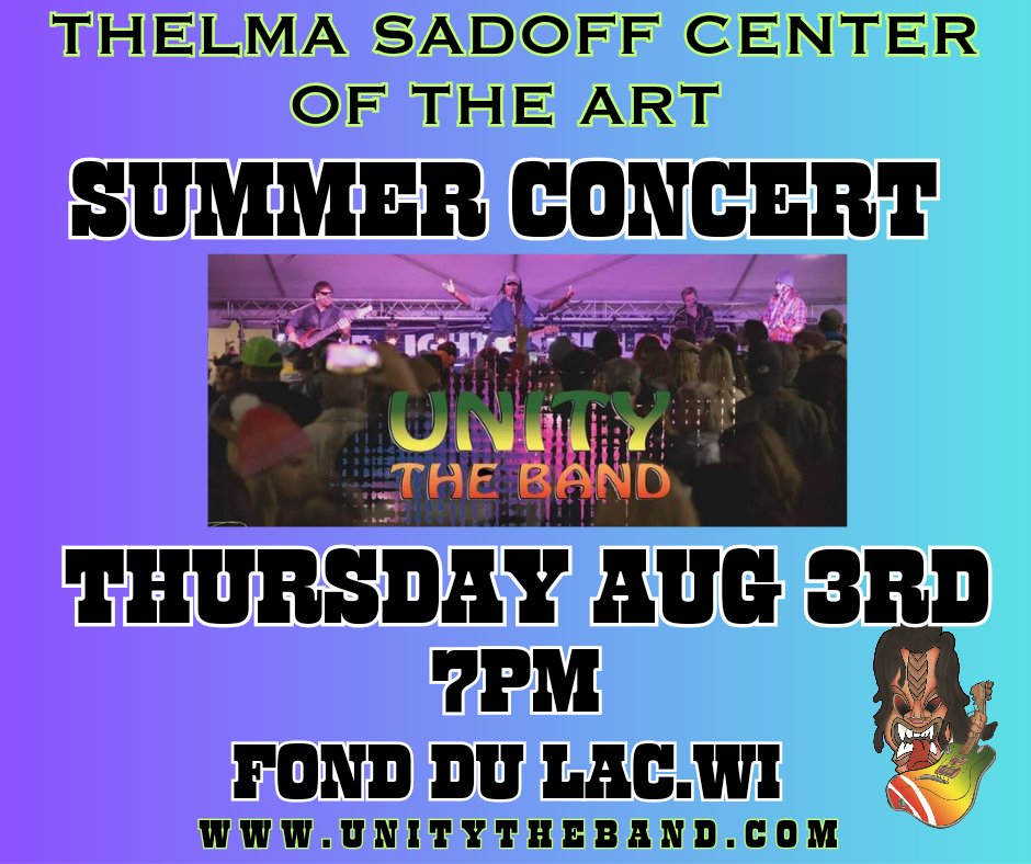 unitytheband's tweet photo. "SUMMER CONCERT SERIES" This Thursday Evening Aug 3rd, Unity The Band will be performing at Thelma Sadoff Center for the Arts - 51 Sheboygan St, Fond du Lac, Wisconsin. Music@7pm. Come Join Us for some great times #Unitytheband #onelove #unitythebandlive #unitythebandbass #live https://t.co/ubQAwroJq4