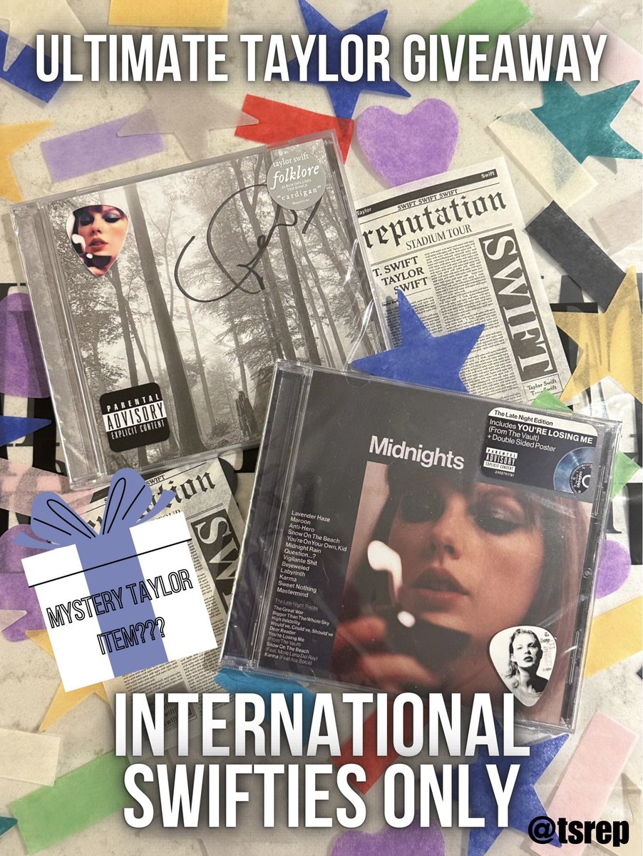 tsrepdom's tweet photo. ULTIMATE TAYLOR GIVEAWAY: 
-1 signed folklore cd
-1 Midnights (Late Night Edition) cd
-1 Midnights Guitar Pick
-1 reputation Guitar Pick 
-The Eras Tour confetti
-reputation Stadium Tour confetti
-Speak Now TV Purple Hearts confetti
-Mystery Taylor item???
-1 Eras Tour Clear Bag https://t.co/gTz7bX2OfY