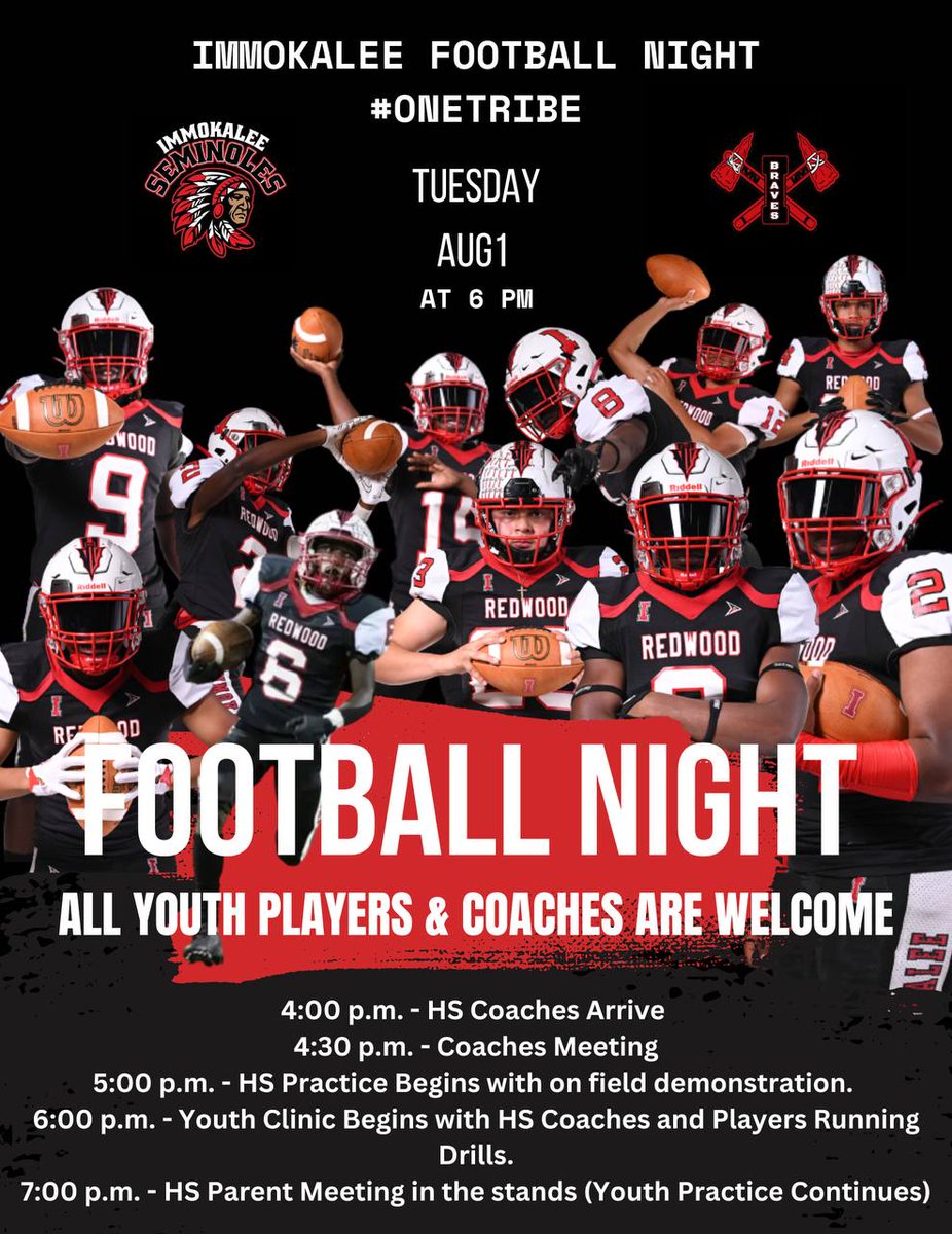 ImmokaleeFB's tweet photo. Join us Tuesday night‼️
This is for all Seminoles, Braves & Indians! 🏈
#PowerinthePride
#OneTribe https://t.co/JwLY50MzbD