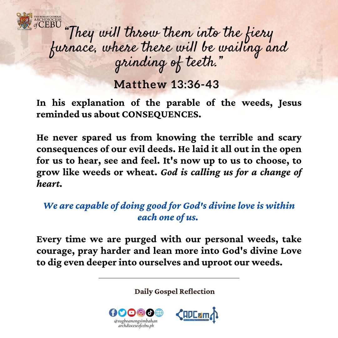 sugbosimbahan's tweet photo. “They will throw them into the fiery furnace, where there will be wailing and grinding of teeth.”

Matthew 13:36-43 https://t.co/qFWphkqhQs