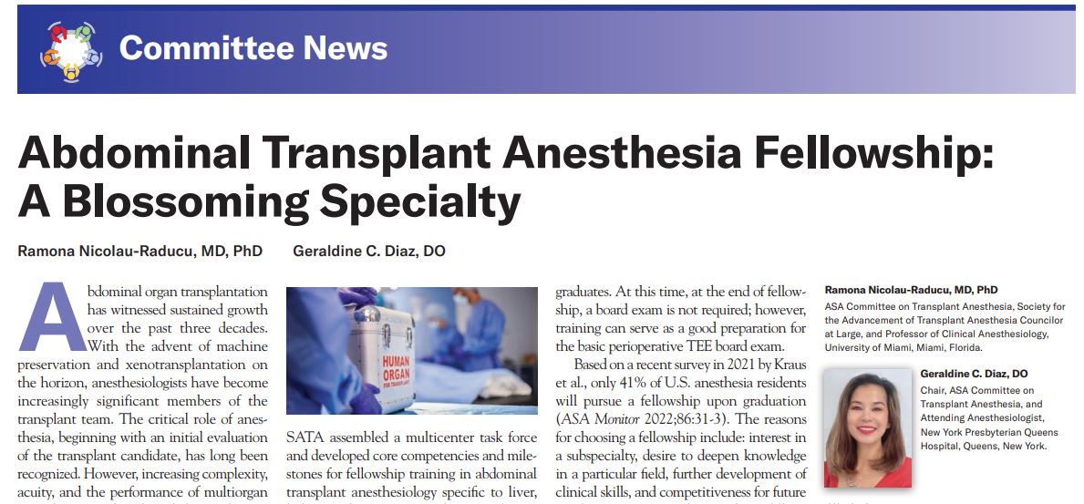 Read “Abdominal Transplant Anesthesia Fellowship: A Blossoming Specialty,” by Dr. Geraldine Diaz in the <a href="/ASAMonitor/">ASA Monitor</a> Committee News. ow.ly/x1Ts50P4k9r

#TransplantAnesthesia #AnesthesiaFellowship