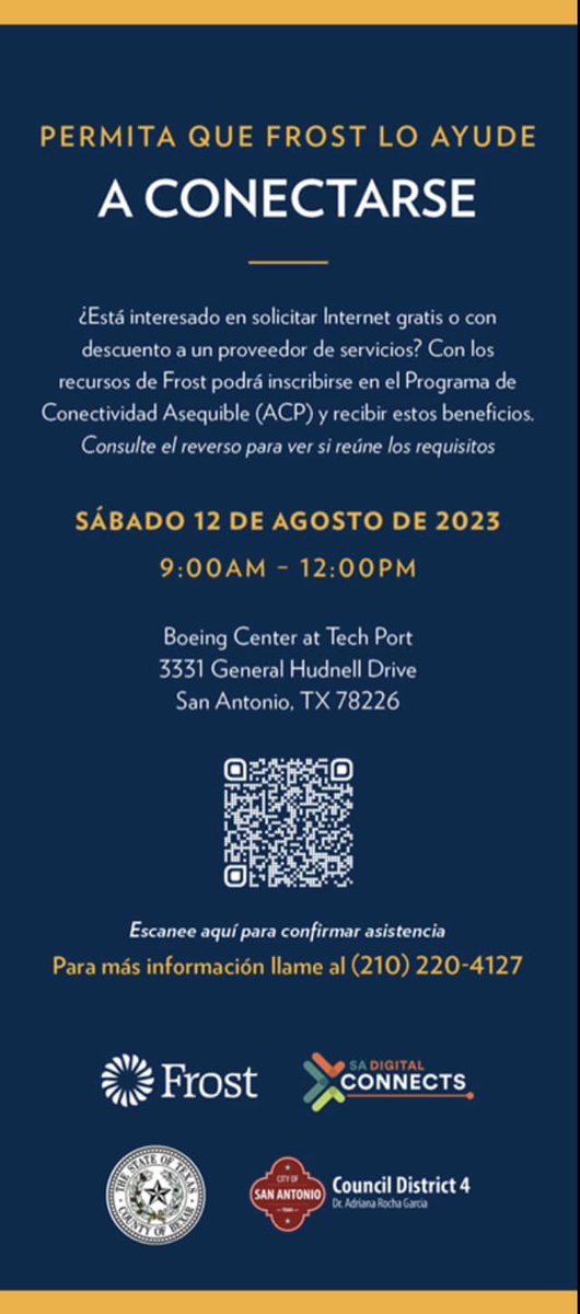 Join Frost Bank on Saturday, August 12, 2023, from 9:00 a.m. to 12:00 p.m. at the Boeing Center at Tech Port, conveniently located at 3331 General Hundell Drive, San Antonio, TX 78223!