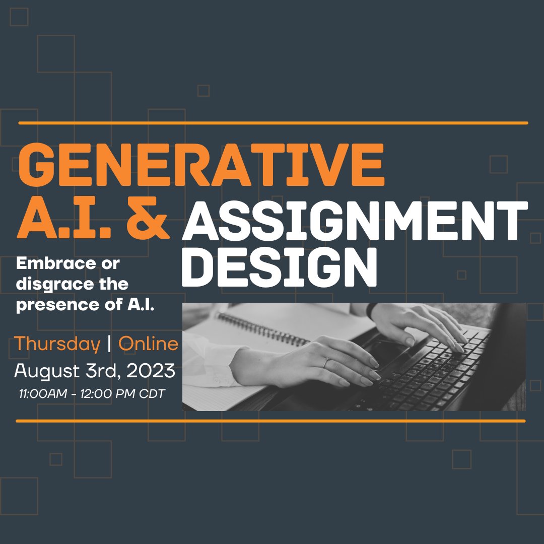 CTL_UT's tweet photo. 📢Fall Approaches 🍂

On Thursday, we're speaking about how to apply generative A.I. to your assignment design. You'll learn how to create assignments that acknowledge the presence of A.I. in order to be intentional about its use.

RSVP Here👉https://t.co/Gqj7Zr5e3l https://t.co/KvgyEXGYKP