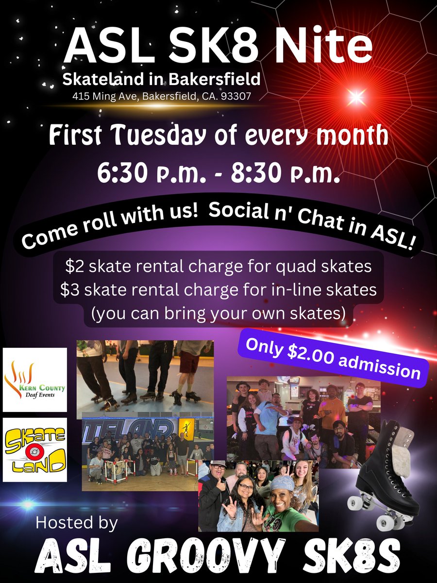 KernRCtweets's tweet photo. ASL Social &amp; Chat Skate Nite at Skateland on Tuesday August 1 at 6:30pm – 8:30pm.
EARLY ARRIVAL is encouraged to avoid a long line!
Hosted by ASL Groovy SK8S and Kern County Deaf Events
#kern #kerncounty #bakersfield #california #krc #kernregionalcenter #developmentaldisabilities https://t.co/yVUOkI0Wo9