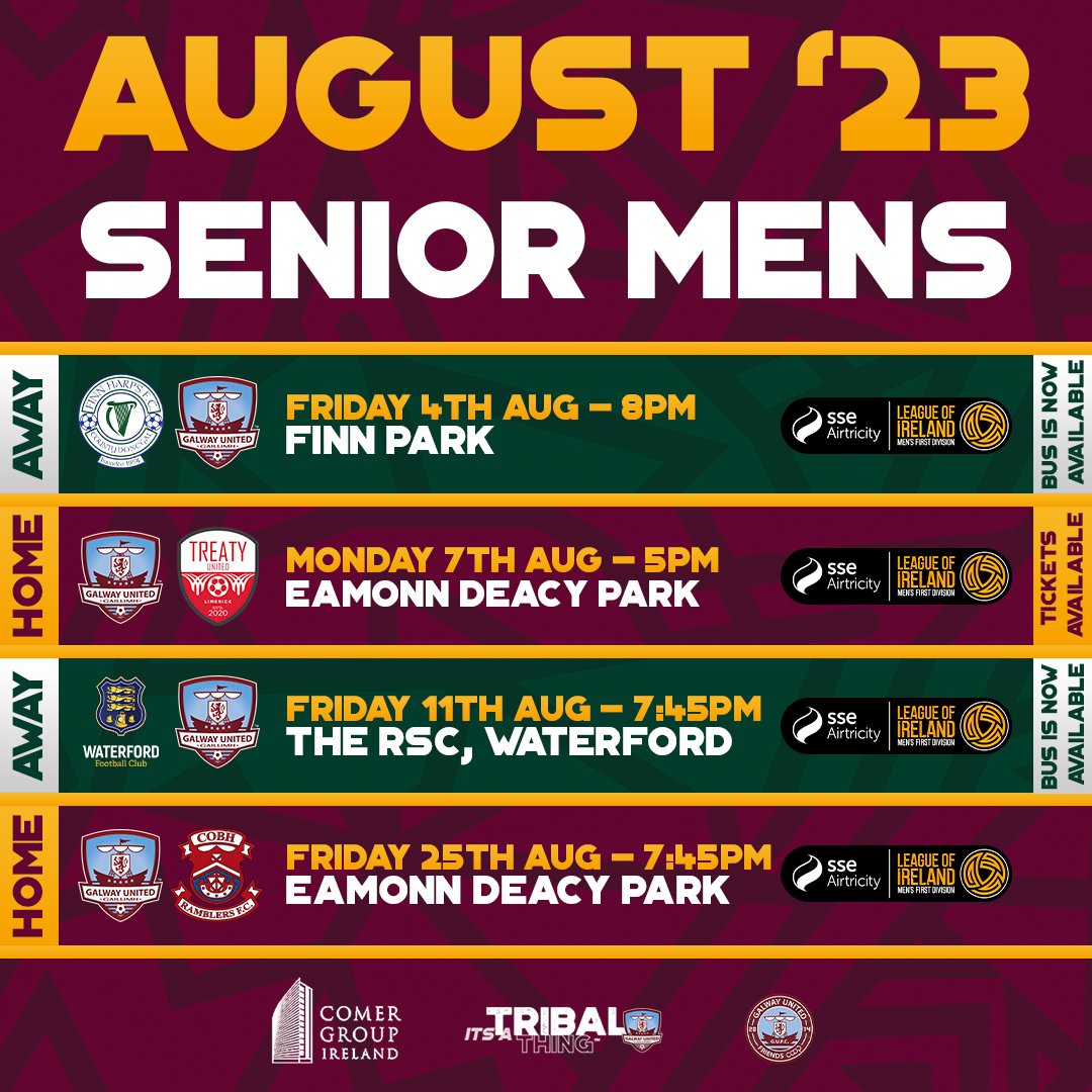 🗓: Your senior mens August league fixtures. Huge month ahead and we need all the support we can get 👊 HOME TICKETS 🎟: galwayunitedfc.ie/match-tickets/ SUPPORTERS BUS: bit.ly/gufccoopbus #ItsATribalThing