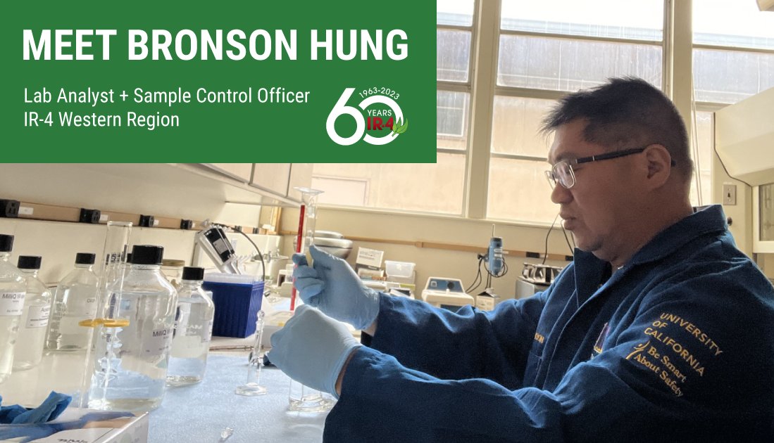 IR4_Project's tweet photo. In celebration of #60yearsofIR4, we are highlighting some exceptional #peopleofIR4, from region to region and from field to lab. Today, meet Bronson Hung—Analyst and Sample Control Officer for IR-4's Western Region, based at @UCDavis:
https://t.co/9uIbb4chqb https://t.co/Kj3GTA5GHD