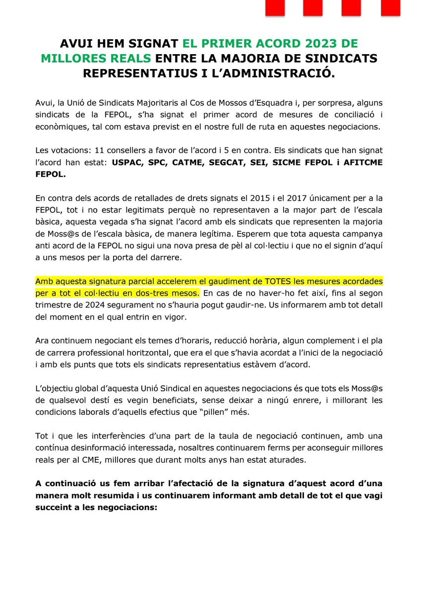 Seg_Cat's tweet photo. 📝Avui hem signat el primer acord 2023 de millores reals entre la Unió de Sindicats Majoritaris i @interiorcat.
⚙️Continuem treballant en reducció d'hores anual, horaris, pla de carrera i altres complements per a @mossos.
@USPAC
@SPC_Mossos_PL
@INFOCATME
@Seg_Cat
#SEI
#USCOP https://t.co/X42RERBO7v