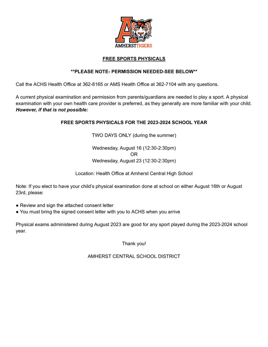 AmherstTigers1's tweet photo. With Modified sports registration under way along with JV and Varsity, don't forget to take advantage of getting your sports physicals done.  

Starts date for Fall sports are approaching fast!

More info in the link below

GO TIGERS!

https://t.co/NSZ7PzZzQg https://t.co/nqqNGB1FCZ
