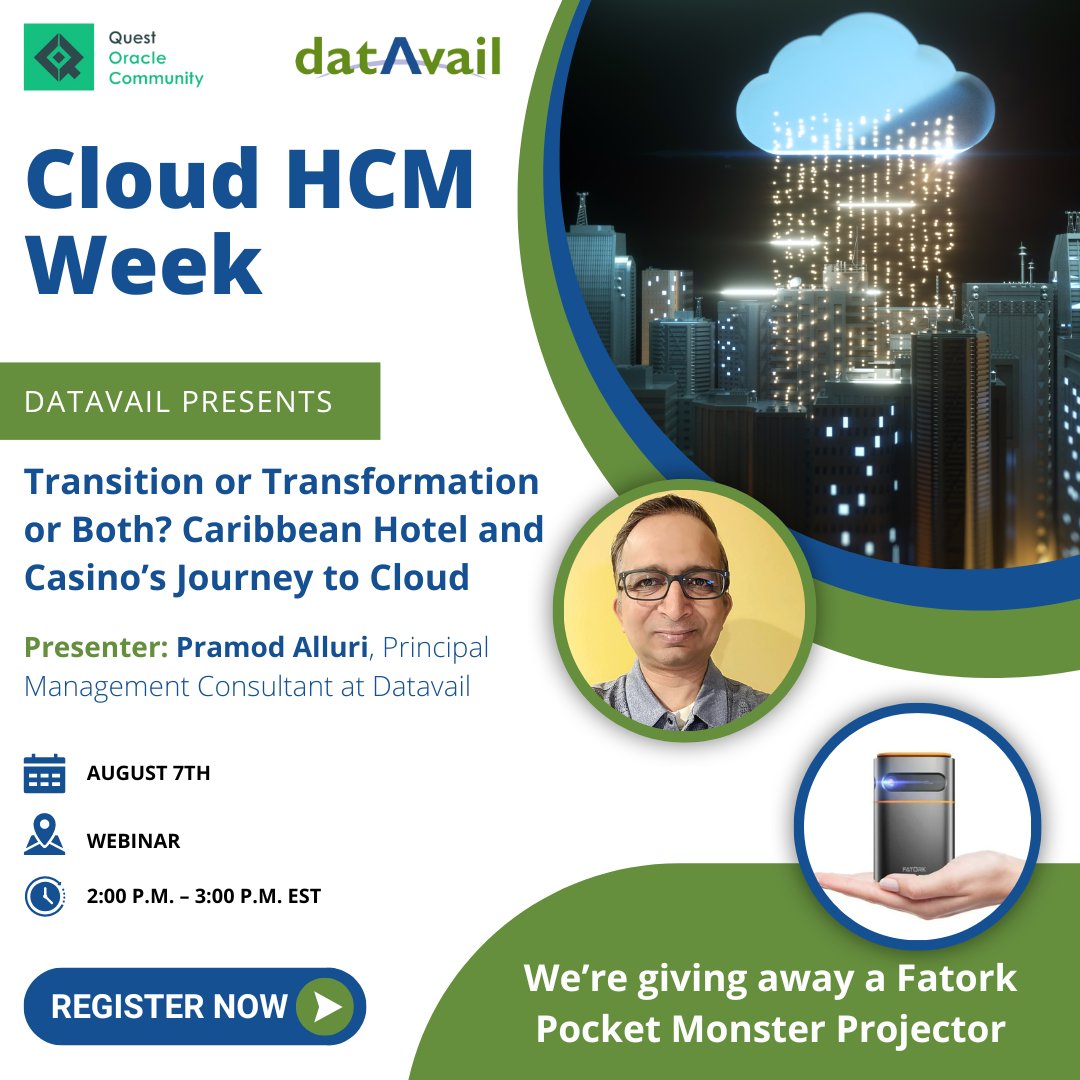 datavail's tweet photo. Looking for a complete #CloudSolution that connects every human resource process and every person across your enterprise? Don't miss Datavail's session at #CloudHCMWeek! Join us on August 7 at 2:00 pm EST. Register today! https://t.co/5ef8aQzug7
#cloud #QuestCommunity #hcm https://t.co/j6J2ZPD1AQ