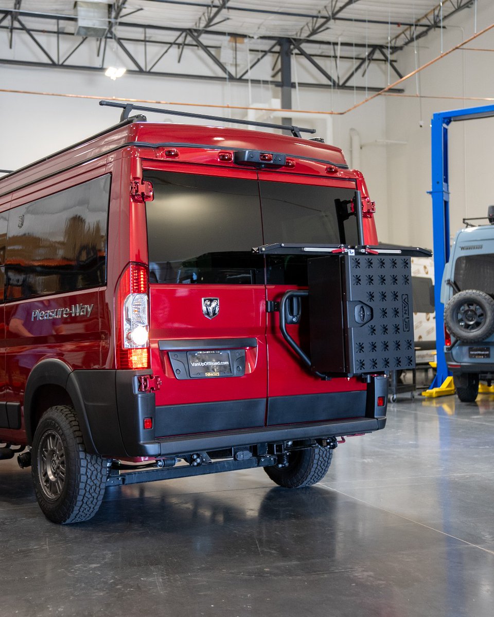 Red Hot Adventures Ahead. 🔥 This Van is Ready to Blaze New Trails, with upgrades that include: 
- VanUp Box 📦
- 1Up Bike Tray 🚲
- Aluminess Promaster Rear Door Box Rack 🚐
All available in our online shop!