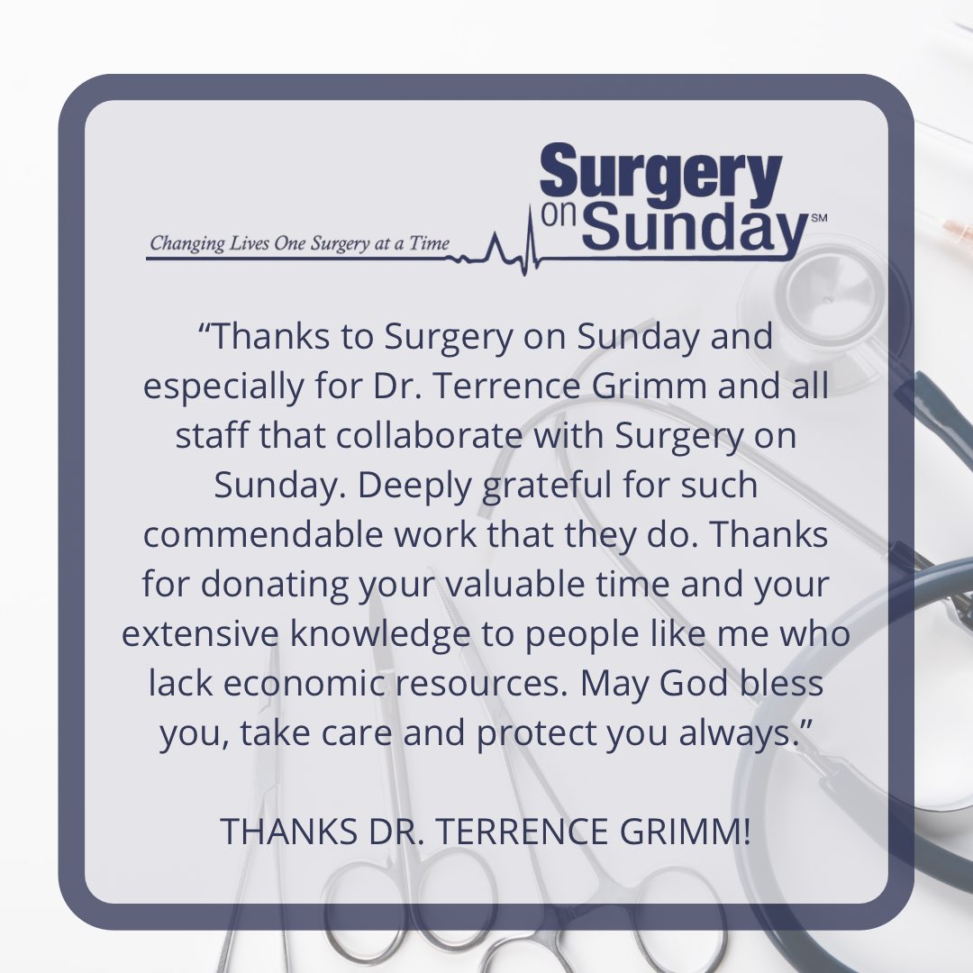 We love hearing such positive feedback from our patients. Our goal is to change their lives forever! 

Thankful for all of our volunteers that help us do that! Interested in volunteering? Click the links below!

surgeryonsunday.org/physician-volu…

surgeryonsunday.org/clinical-volun…