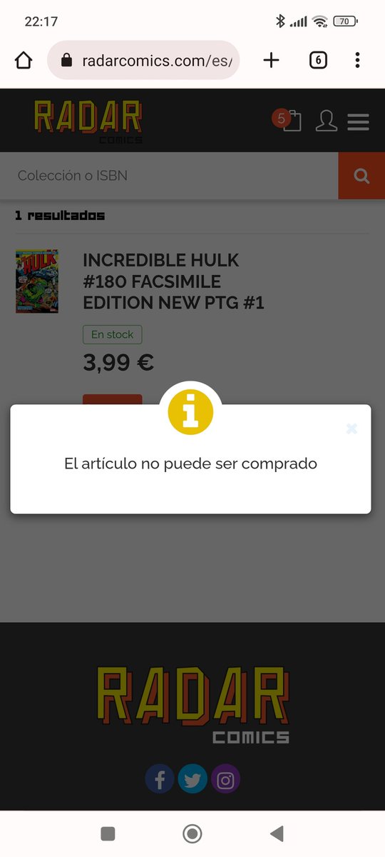 Engreyes83's tweet photo. @radar_comics Buenas, tengo un problema conprando un artículo que aparece en stock. ¿Hay alguna cosa que pueda hacer yo desde la web? https://t.co/i3JztqtCGC
