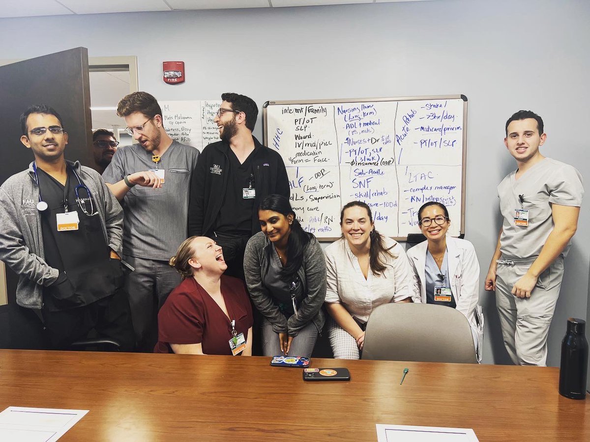 FAUmedIM's tweet photo. PGY3 chief Dr Sabates teaching her team about all-things-disposition…then everything starts to fall apart in the group-pic attempt 🤣 #firstwelearn #thenwelaugh #meded #medowls #internalmedicine #residency #traininginparadise 🦉🩺 https://t.co/huG2eb5QHx