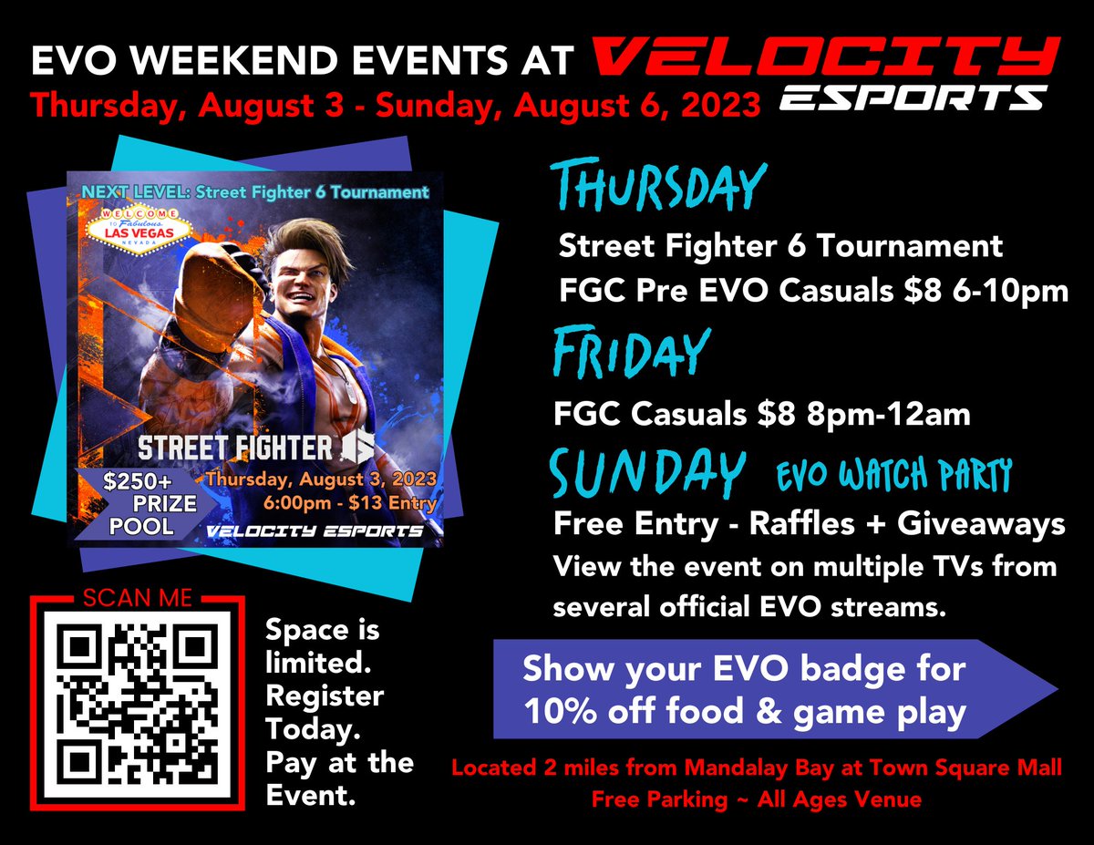 Velocity_Vegas's tweet photo. FGC events, tournaments and more, this weekend at Velocity Esports! Special discounts for EVO attendees &amp; local players https://t.co/1c9pQHq1ca