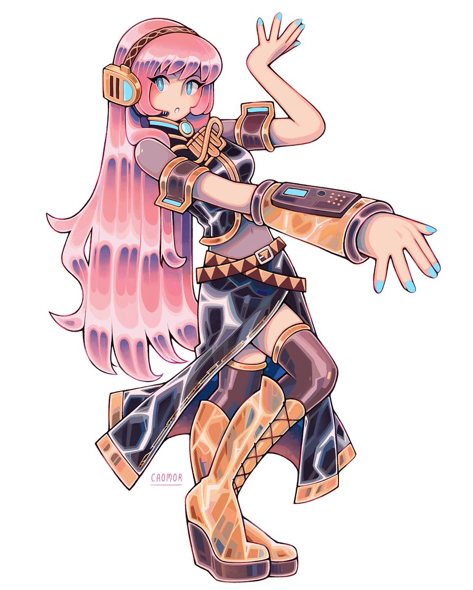 megurine luka 1girl pink hair long hair solo boots thighhighs skirt  illustration images