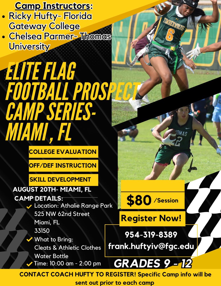 FGCFlagFB (@fgc_flagfb) on Twitter photo Miami!! August 20th, we are in the 305 for one more camp this summer! Come see us! Register today! <a href="/NightHawksWFlag/">TU Flag Football</a> Miami!! August 20th, we are in the 305 for one more camp this summer! Come see us! Register today! <a href="/NightHawksWFlag/">TU Flag Football</a>