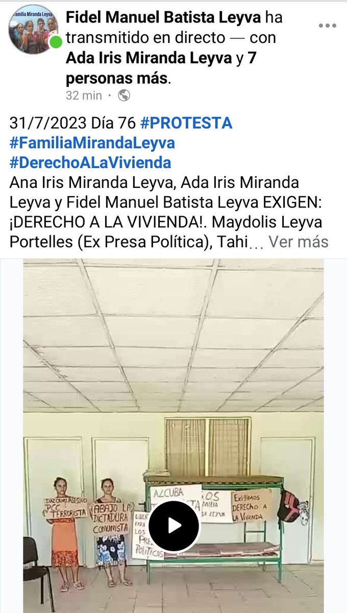 31/7/2023 Día 76 #PROTESTA 
#FamiliaMirandaLeyva
#DerechoALaVivienda
#LibertadParaLosPresosPoliticos 

2 AÑOS Y 10 MESES DESPLAZADOS SIN HOGAR, por TERRORISMO DE ESTADO COMUNISTA Y PERSECUCIÓN POLÍTICA.

m.facebook.com/story.php?stor…

#DiazCanelASESINO
#PCCTerrorista 
#DDHH 
#Cuba