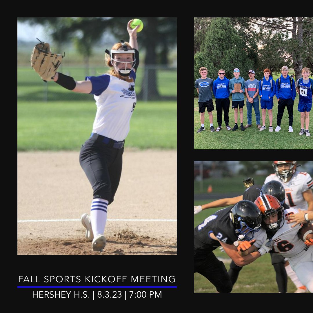 HIGH SCHOOL FALL SPORTS KICKOFF MEETING!!! 9-12 Parents and athletes should mark their calendars for the 2023 Fall Sports Kickoff Meetings scheduled for THIS THURSDAY August 3rd, 2023 starting at 7:00 PM. There will be a large group presentation by Hershey AD, Bernie Madison, in