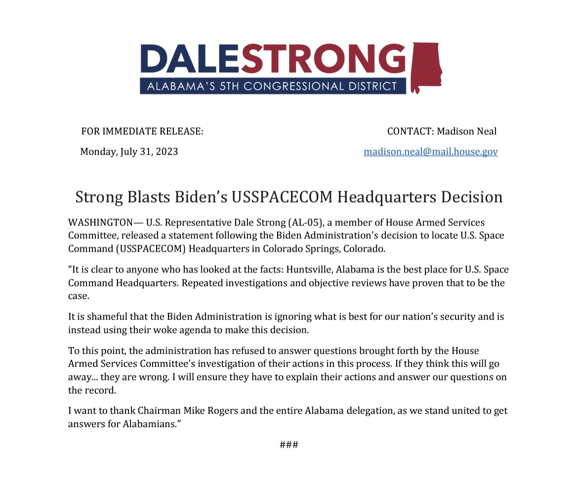 RepDaleStrong's tweet photo. The fight for Space Command isn’t over. https://t.co/pmo7eBQris