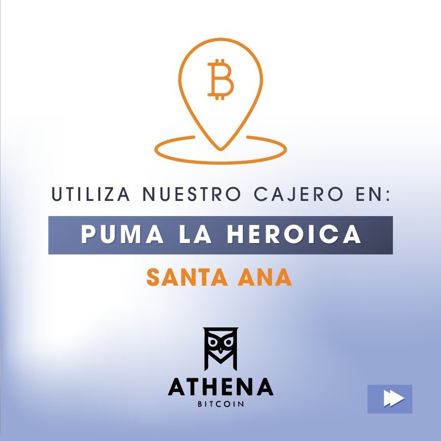 AthenaBTC_SV's tweet photo. 🏧 Compra y vende #Bitcoin en nuestro cajero ubicado en PUMA La Heroica.
Fácil, confiable y seguro 🔐.
👉 Conoce nuestra red de cajeros #BTC en El Salvador: https://t.co/vb352n1orj
#atm #cajeros #elsalvador #finanzadigital #latam #finanzas #desarrollo #economiadigital #fututo https://t.co/MYefD1Y9RW