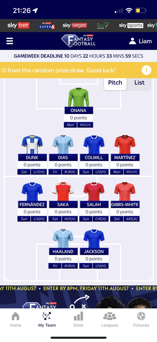 Updated #skyff draft.

Three Chelsea is a bit risky but they have good fixtures and are nicely priced.

Saka to TAA/VVD on the 27th. 

Quite like this team nicely balanced.