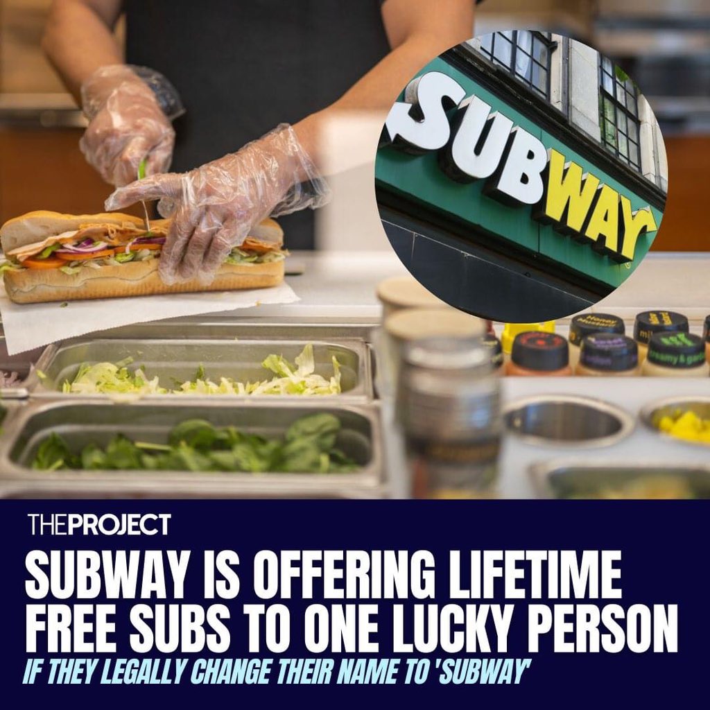 I changed my name for a man once and got free anxiety and trust issues for life ..this sounds like a better deal 😳😂 <a href="/SUBWAY/">Subway®</a>