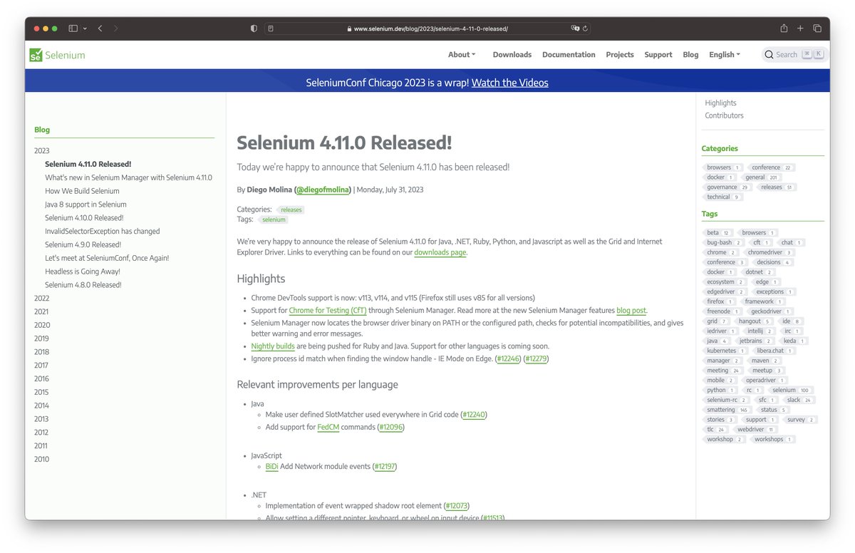 🎉🎉🎉
I am happy to share that <a href="/SeleniumHQ/">Selenium</a> 4.11.0 has been released! Big thanks to all the folks who helped us get this release out for the community. Support for <a href="/googlechrome/">Chrome</a> for Testing included! 

Check all the details at selenium.dev/blog/2023/sele….
