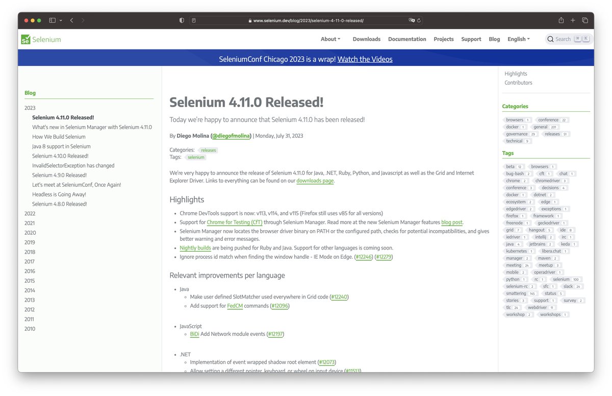 🎉🎉🎉 I am happy to share that @SeleniumHQ 4.11.0 has been released! Big thanks to all the folks who helped us get this release out for the community. Support for @googlechrome for Testing included! Check all the details at selenium.dev/blog/2023/sele….