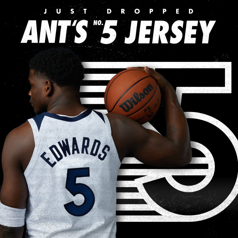 Timberwolves's tweet photo. Just dropped! Shop Ant's new #5 jersey today! 🏀🐺